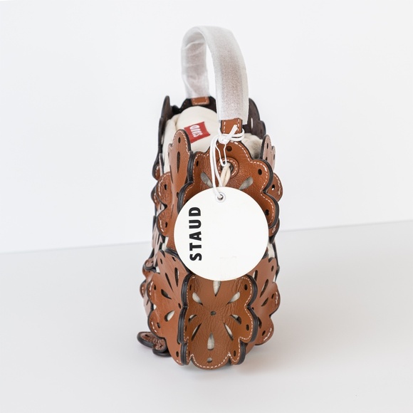 NWT STAUD Beige & Tan Flora Basket Leather Top-handle Small Bucket Bag - Picture 8 of 9